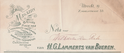 711614 Kop van een nota van H.G. Lammerts van Bueren, Magazijn van Brillen, Pince-Nez, Messen-Scharen, Barometers, ...